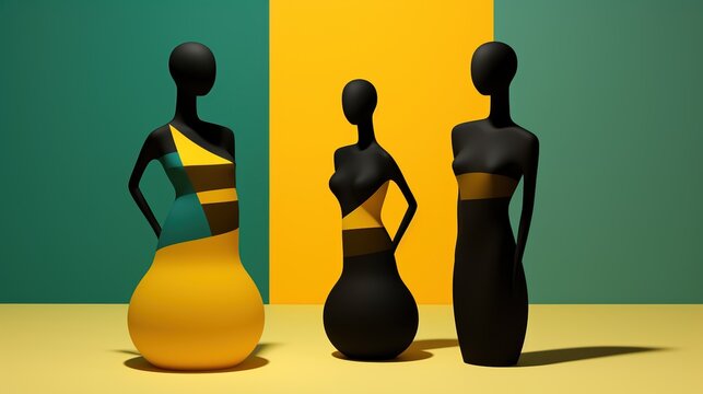 Art composition of three faceless and legless female mannequins. Tumbler dolls in fashion style. Figures antistress. Generative AI illustration for cover, card, postcard, interior design or print.