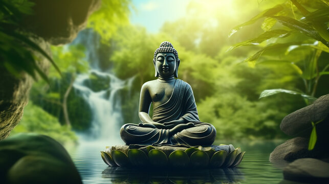 statue of Buddha in the lotus position on the background of a waterfall. Generative Ai. 