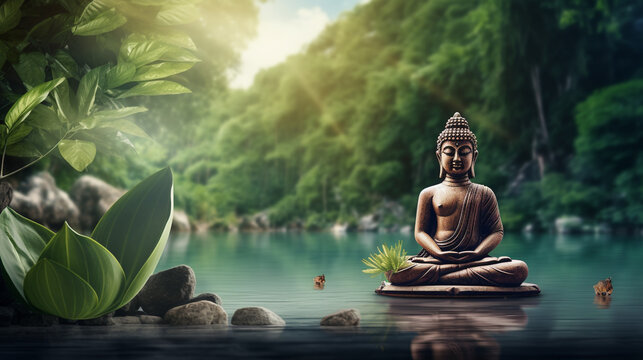 Buddha statue in a beautiful green park near the water. Generative Ai. 
