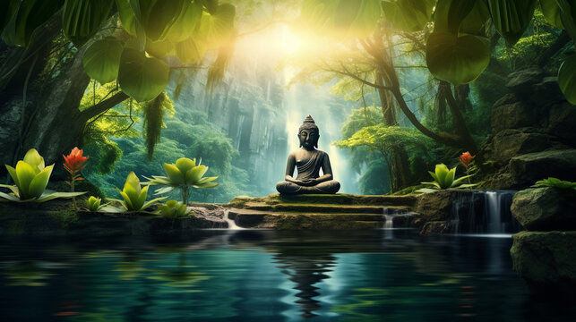 buddha statue in lotus position in green park. Generative Ai. 