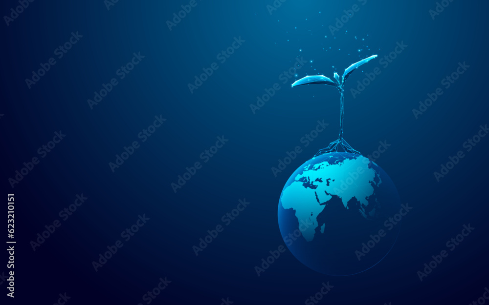 Poster one abstract sprouting plant on earth globe. eco-friendly and sustainability development concept on 