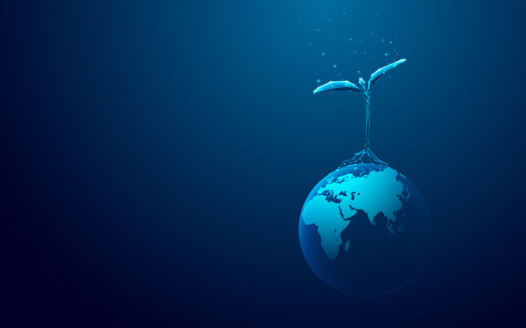 One Abstract Sprouting Plant On Earth Globe. Eco-friendly And Sustainability Development Concept On Blue Futuristic Background. Low Poly Wireframe Vector Illustration With Glowing Connected Dots.