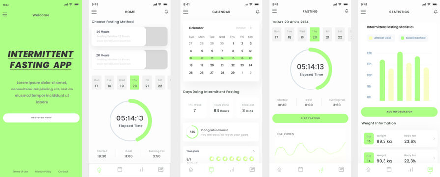 Intermittent Fasting Tracker, Diet And Calories, Health And Fitness And Weight Loss App UI Kit Template