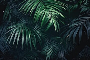 Naklejka na ściany i meble Top view of wet tropical green leaves background
