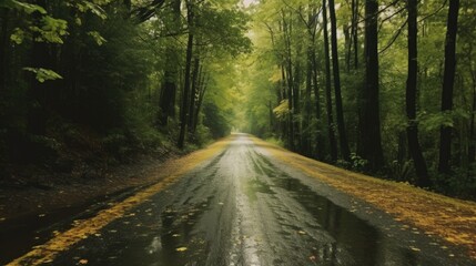 Obraz premium Road in the middle of dark forest at rainy foggy day