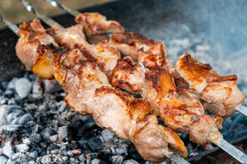 Traditional georgian mtsvadi, grill on the coals with smoke. Shashlik