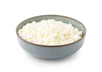 Bowl with tasty cottage cheese on white background