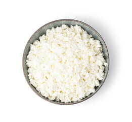 Bowl with tasty cottage cheese on white background