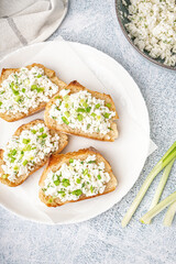 Sandwiches with tasty cottage cheese and green onion on grey background