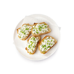Sandwiches with tasty cottage cheese and green onion on white background