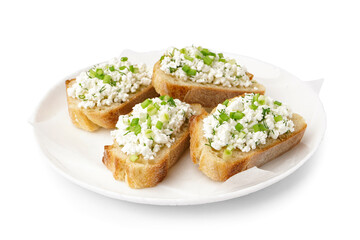 Sandwiches with tasty cottage cheese and green onion on white background