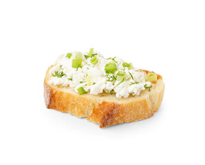 Sandwich with tasty cottage cheese and green onion on white background