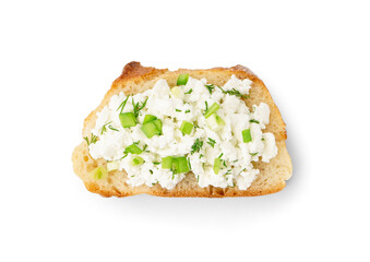 Sandwich with tasty cottage cheese and green onion on white background
