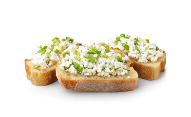 Sandwiches with tasty cottage cheese and green onion on white background