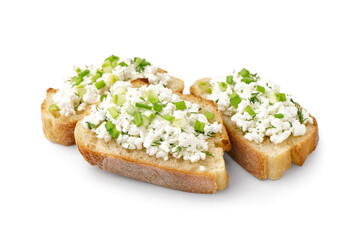 Sandwiches with tasty cottage cheese and green onion on white background
