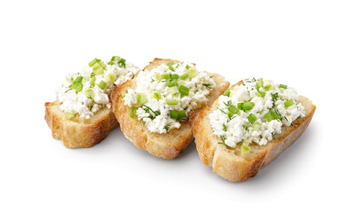 Sandwiches with tasty cottage cheese and green onion on white background