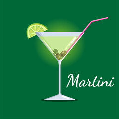 Martini glass with lemon wedge, olives and straw.