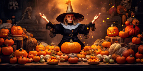 Woman in a witch costume with arms upraised, pumpkins on a table, Halloween