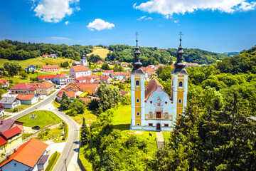 Village of Strigova towers and green landscape aerial view