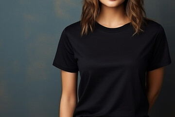Cropped image of young woman in blank black t-shirt on grey background