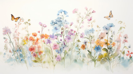 A pastel watercolor drawing of small colorful flowers and butterflies