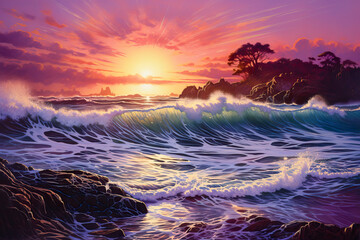 Ocean waves at dawn, landscape painting, colorful