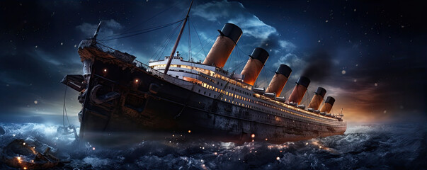 Titanic in storm ocean.