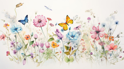 Obraz na płótnie Canvas A pastel watercolor drawing of small colorful flowers and butterflies