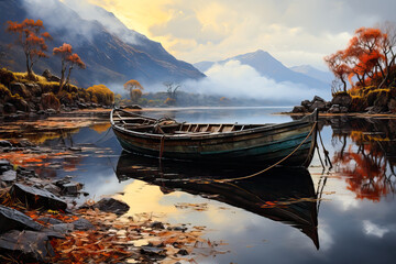 Wooden boat on a lake, Celtic, landscape painting