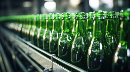 Green beer bottles on production line, factory background. Created with Generative Ai technology.