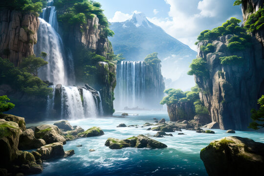 Lush landscape with waterfalls, mountains