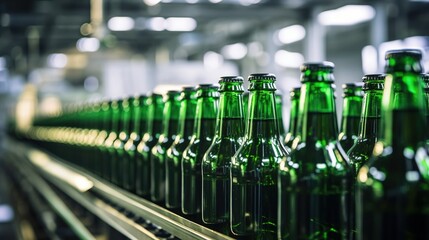 Green beer bottles on production line, factory background. Created with Generative Ai technology.