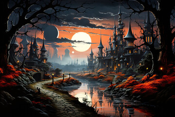 Fototapeta na wymiar Spooky fantasy medieval town at night, Halloween landscape painting, background, concept art