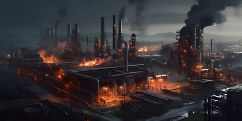 Industrial Architecture: An impressive shot of a large factory or industrial site with machinery and smokestacks. Generative ai.
