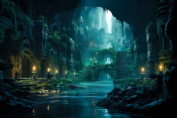 Old ancient stone ruins, fantasy landscape painting, concept art, background