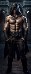 muscular man in a hooded robe against a dark castle background, fantasy man, Generative AI