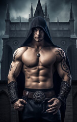 Fototapeta na wymiar muscular man in a hooded robe against a dark castle background, fantasy man, Generative AI