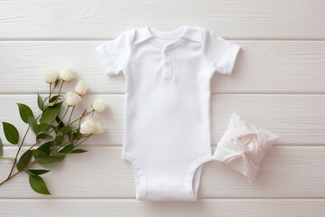 White baby bodysuit and flowers on white wooden background, top view
