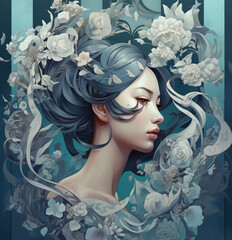 Asian Beauty Goddess Magic Fantasy Character Woman Face Portrait Digital Generated Mesmerizing Art Illustration