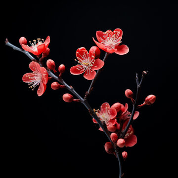 isolated apple cherry blossom branch with red flowers on black background, Generative AI