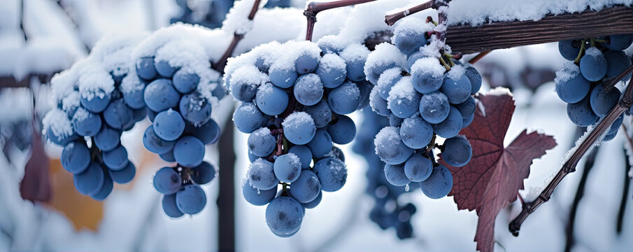Blue grapes covered with snow in winter. Grape panorama photo.