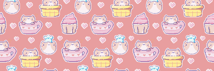 Cute vector cats pattern in pixel art style