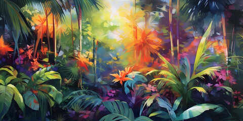 A lush tropical rainforest bursting with a riot of colors and textures. Towering palm trees reach towards the sky. Generative ai