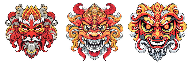 Obraz premium Mask design in traditional balinese motifs, indian mask, colorful cartoon, dynamic and exaggerated facial expressions on white background. Generative ai.