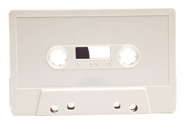 Audio cassette tape isolated on white background, vintage 80's music concept.