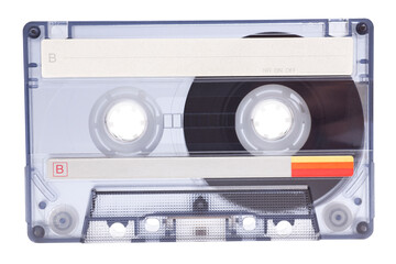 Audio cassette tape isolated on white background, vintage 80's music concept.