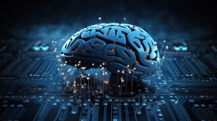 Obraz na płótnie Canvas Human brain Artificial intelligence computer data technologies. Futuristic Cyber Technology Innovation. Brain with circuit board and microchips. Deep machine learning and AI neural network concept.