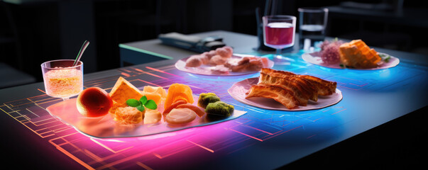 Fototapeta na wymiar Food on platne in 3d technology vision, future of culinary meal table.
