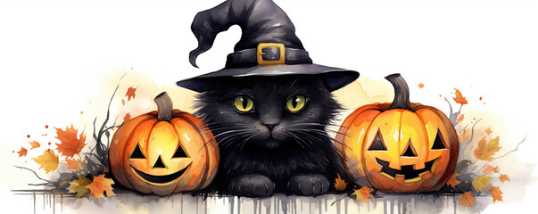 Black cat with pumpkins in halloween time. cartoon stzly photo