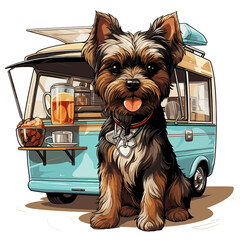 an antropomorphic Yorkshire Terrier serving coffee , TShirt Design , graphic design, Generative Ai